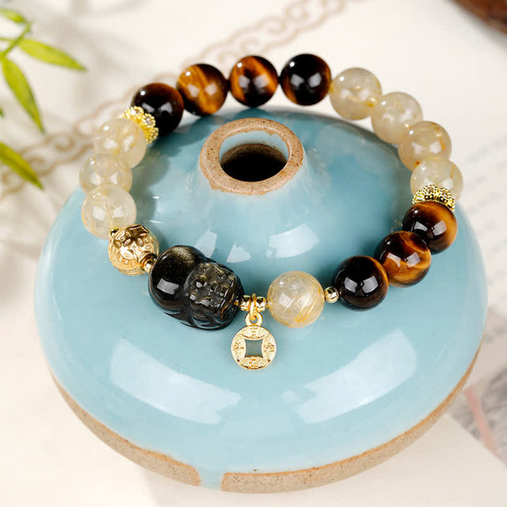 Buddha Stones Pulsera de cuentas de cuarzo rutilado dorado Pi Xiu de Feng Shui con ojo de tigre para la riqueza - image 4