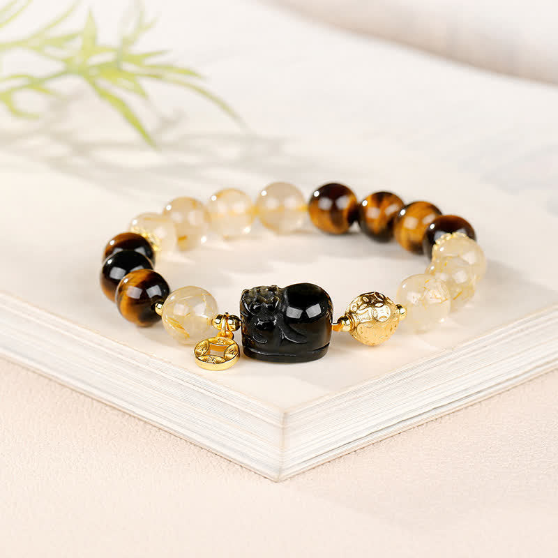 Buddha Stones Pulsera de cuentas de cuarzo rutilado dorado Pi Xiu de Feng Shui con ojo de tigre para la riqueza - image 2