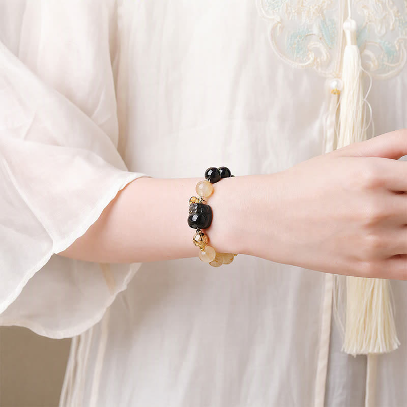 Buddha Stones Pulsera de cuentas de cuarzo rutilado dorado Pi Xiu de Feng Shui con ojo de tigre para la riqueza - image 11