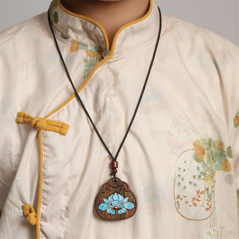 Buddha Stones Collar de cuerda trenzada con incrustaciones de esmalte y loto de Sappanwood - image 5