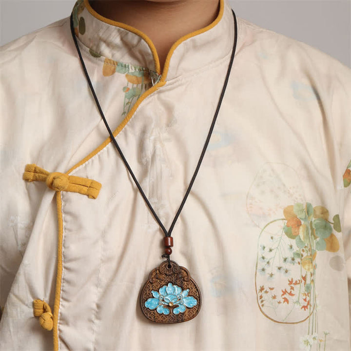 Buddha Stones Collar de cuerda trenzada con incrustaciones de esmalte y loto de Sappanwood - image 5