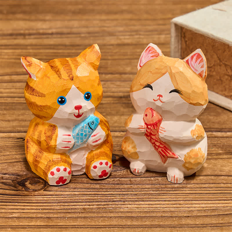 Buddha Stones Gato de la suerte pintado a mano en madera natural, decoración adorable de animales para la riqueza. - image 0