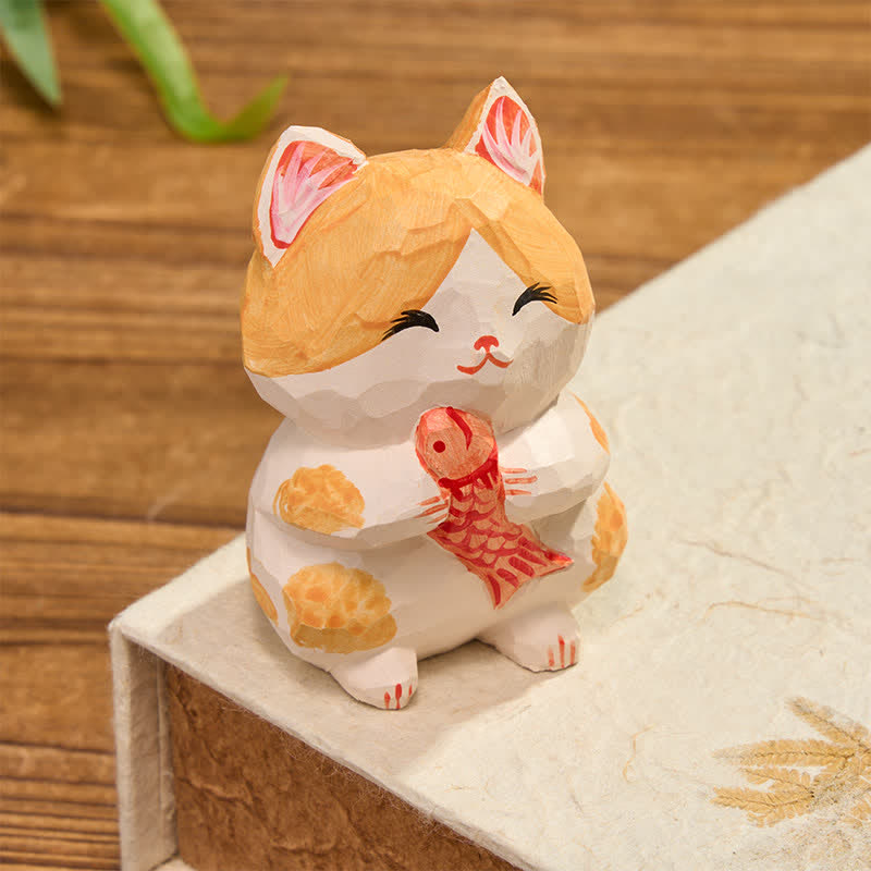 Buddha Stones Gato de la suerte pintado a mano en madera natural, decoración adorable de animales para la riqueza. - image 2