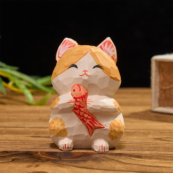 Buddha Stones Gato de la suerte pintado a mano en madera natural, decoración adorable de animales para la riqueza. - pez naranja - image 1