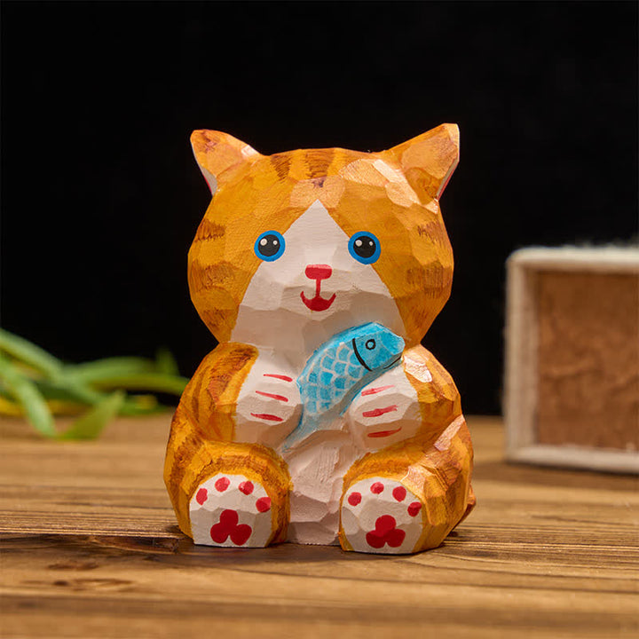 Buddha Stones Gato de la suerte pintado a mano en madera natural, decoración adorable de animales para la riqueza. - pez azul - image 6