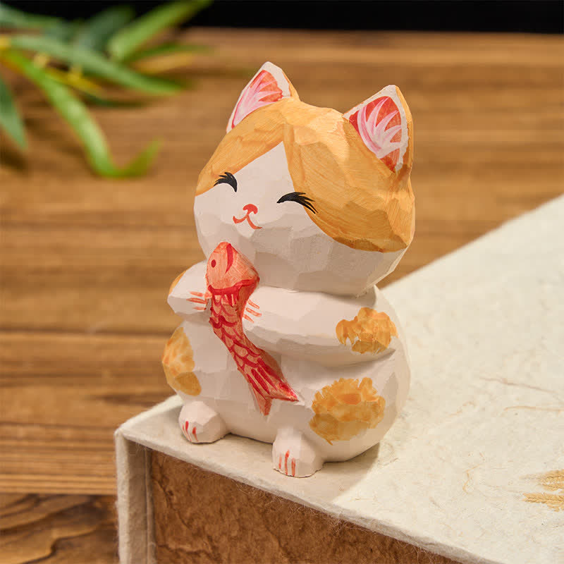 Buddha Stones Gato de la suerte pintado a mano en madera natural, decoración adorable de animales para la riqueza. - image 3