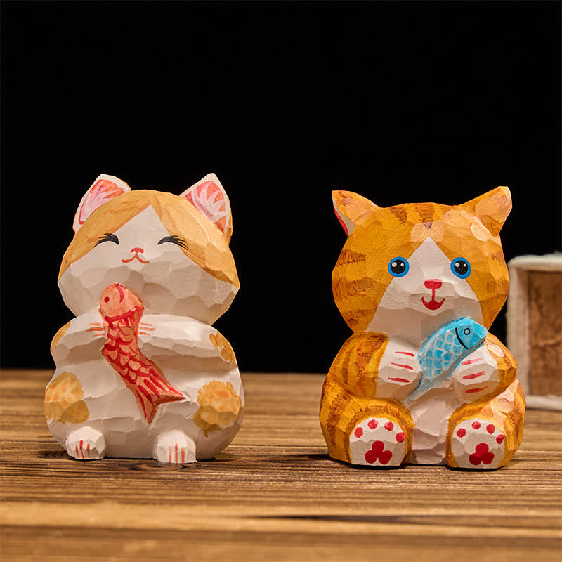 Buddha Stones Gato de la suerte pintado a mano en madera natural, decoración adorable de animales para la riqueza. - image 10