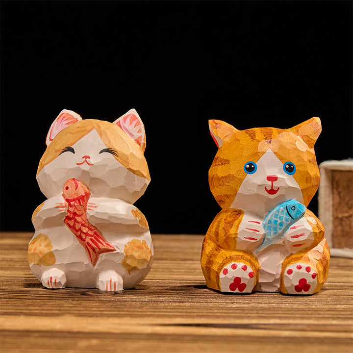 Buddha Stones Gato de la suerte pintado a mano en madera natural, decoración adorable de animales para la riqueza. - image 10