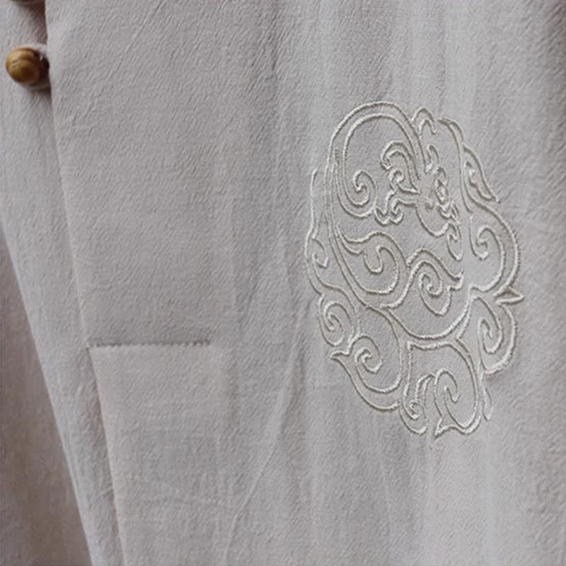 Buddha Stones Conjunto de 2 piezas para primavera/verano: camisa y pantalón estilo Tang con cuello mandarín, bordados, algodón liso, ropa de meditación para hombre con bolsillos. - image 9