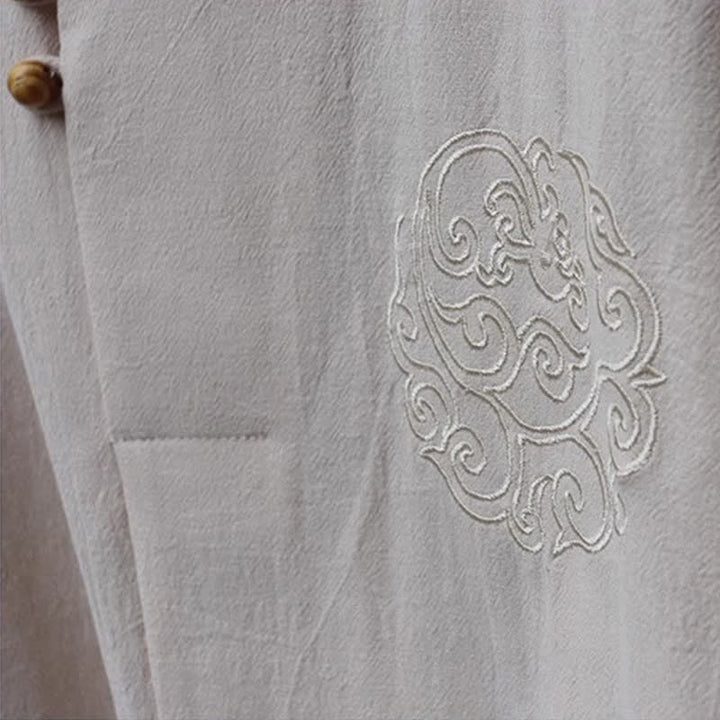 Buddha Stones Conjunto de 2 piezas para primavera/verano: camisa y pantalón estilo Tang con cuello mandarín, bordados, algodón liso, ropa de meditación para hombre con bolsillos. - image 9