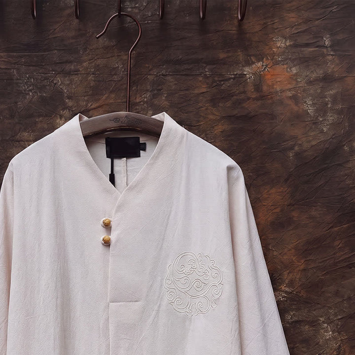 Buddha Stones Conjunto de 2 piezas para primavera/verano: camisa y pantalón estilo Tang con cuello mandarín, bordados, algodón liso, ropa de meditación para hombre con bolsillos. - image 7