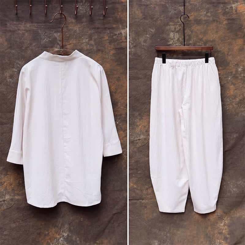 Buddha Stones Conjunto de 2 piezas para primavera/verano: camisa y pantalón estilo Tang con cuello mandarín, bordados, algodón liso, ropa de meditación para hombre con bolsillos. - image 6