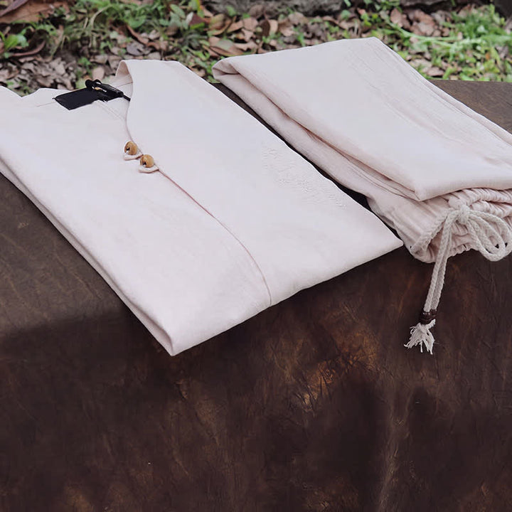 Buddha Stones Conjunto de 2 piezas para primavera/verano: camisa y pantalón estilo Tang con cuello mandarín, bordados, algodón liso, ropa de meditación para hombre con bolsillos. - image 4