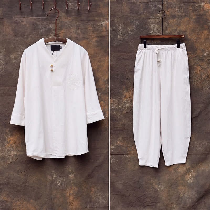 Buddha Stones Conjunto de 2 piezas para primavera/verano: camisa y pantalón estilo Tang con cuello mandarín, bordados, algodón liso, ropa de meditación para hombre con bolsillos. - image 5