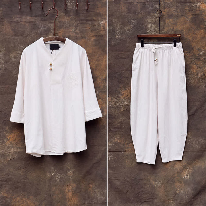 Buddha Stones Conjunto de 2 piezas para primavera/verano: camisa y pantalón estilo Tang con cuello mandarín, bordados, algodón liso, ropa de meditación para hombre con bolsillos. - image 5