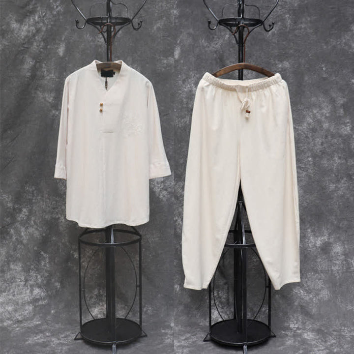 Buddha Stones Conjunto de 2 piezas para primavera/verano: camisa y pantalón estilo Tang con cuello mandarín, bordados, algodón liso, ropa de meditación para hombre con bolsillos. - image 1