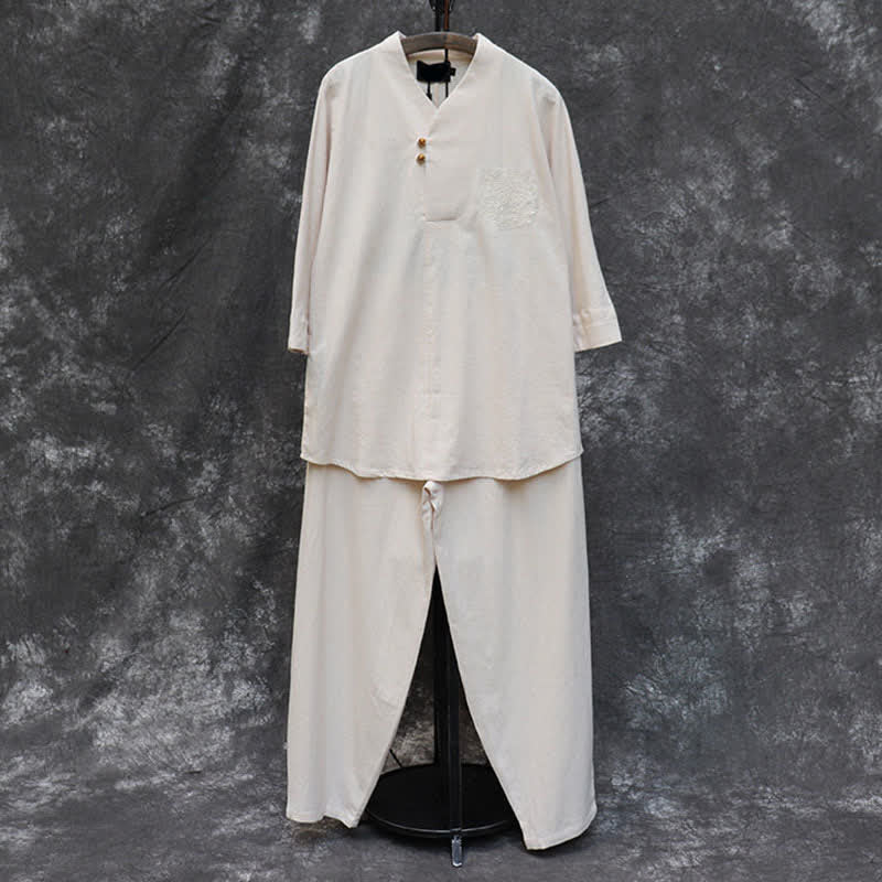Buddha Stones Conjunto de 2 piezas para primavera/verano: camisa y pantalón estilo Tang con cuello mandarín, bordados, algodón liso, ropa de meditación para hombre con bolsillos. - image 3