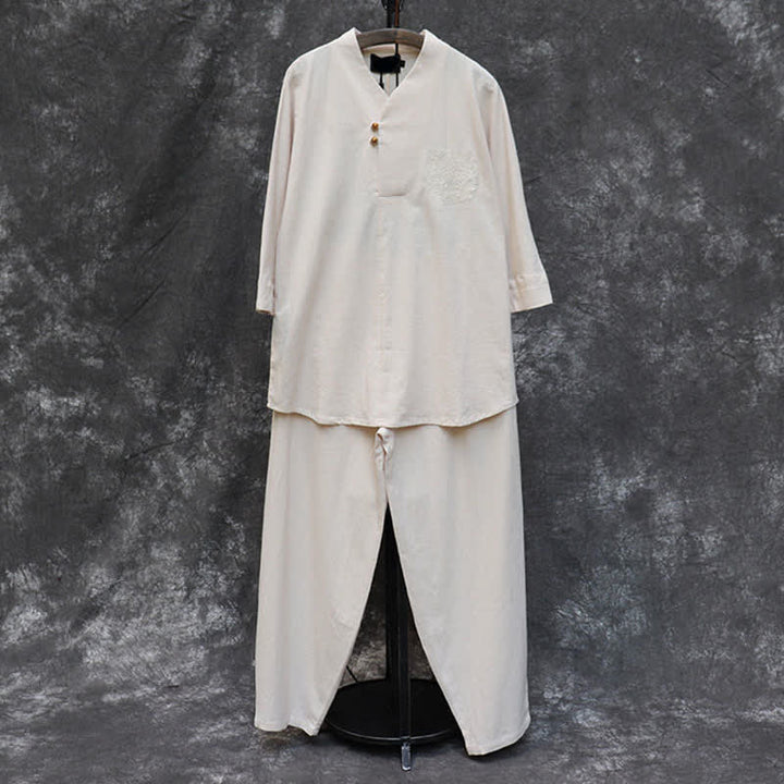 Buddha Stones Conjunto de 2 piezas para primavera/verano: camisa y pantalón estilo Tang con cuello mandarín, bordados, algodón liso, ropa de meditación para hombre con bolsillos. - image 3
