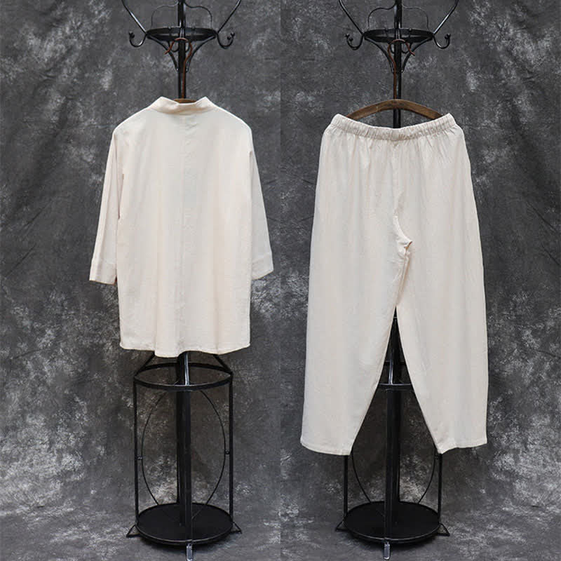 Buddha Stones Conjunto de 2 piezas para primavera/verano: camisa y pantalón estilo Tang con cuello mandarín, bordados, algodón liso, ropa de meditación para hombre con bolsillos. - image 2