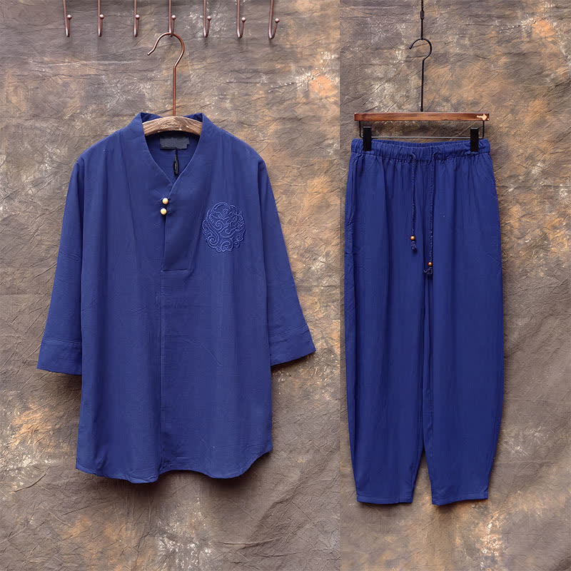 Buddha Stones Conjunto de 2 piezas para primavera/verano: camisa y pantalón estilo Tang con cuello mandarín, bordados, algodón liso, ropa de meditación para hombre con bolsillos. - image 19