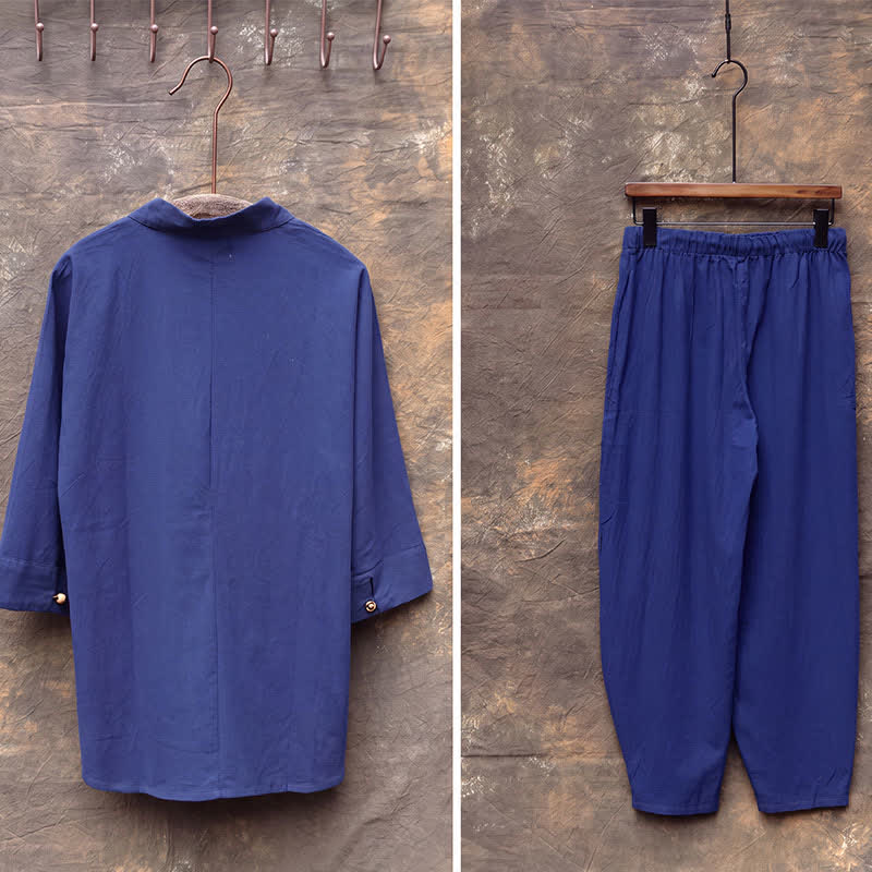 Buddha Stones Conjunto de 2 piezas para primavera/verano: camisa y pantalón estilo Tang con cuello mandarín, bordados, algodón liso, ropa de meditación para hombre con bolsillos. - image 20