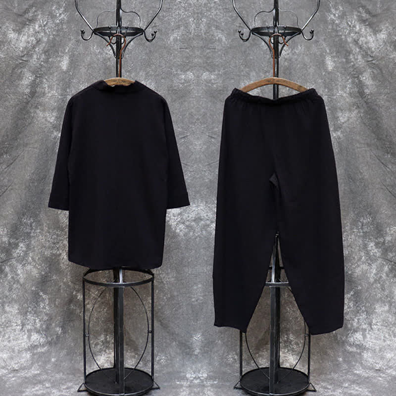 Buddha Stones Conjunto de 2 piezas para primavera/verano: camisa y pantalón estilo Tang con cuello mandarín, bordados, algodón liso, ropa de meditación para hombre con bolsillos. - image 25