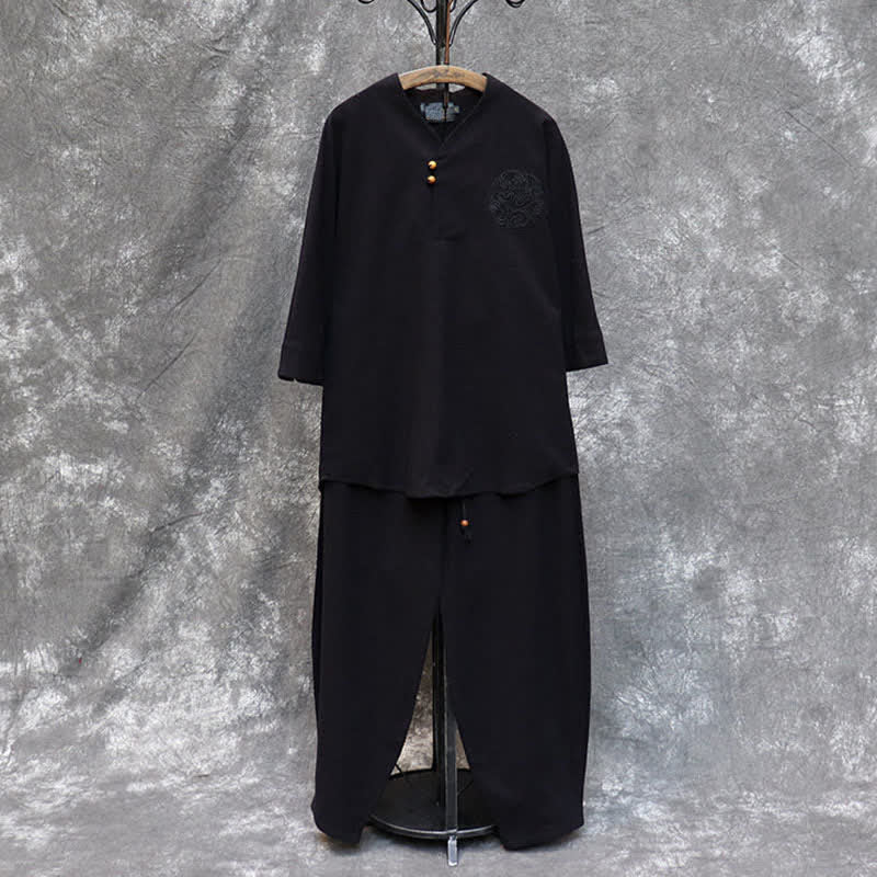 Buddha Stones Conjunto de 2 piezas para primavera/verano: camisa y pantalón estilo Tang con cuello mandarín, bordados, algodón liso, ropa de meditación para hombre con bolsillos. - image 23