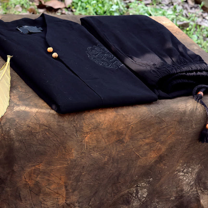Buddha Stones Conjunto de 2 piezas para primavera/verano: camisa y pantalón estilo Tang con cuello mandarín, bordados, algodón liso, ropa de meditación para hombre con bolsillos. - image 26