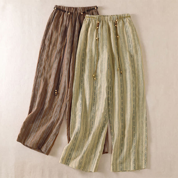 Buddha Stones Pantalones tobilleros de mujer estilo boho casual con cordón ajustable y rayas, ideales para primavera y verano. Pantalones rectos con bolsillo. - image 17