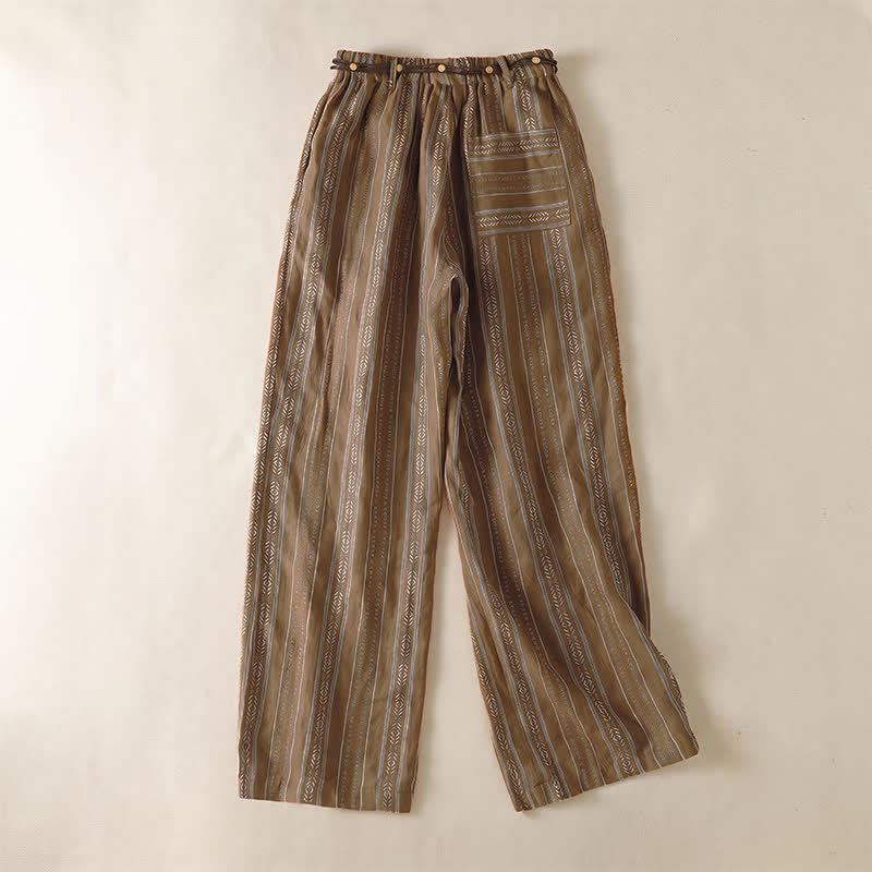 Buddha Stones Pantalones tobilleros de mujer estilo boho casual con cordón ajustable y rayas, ideales para primavera y verano. Pantalones rectos con bolsillo. - image 1
