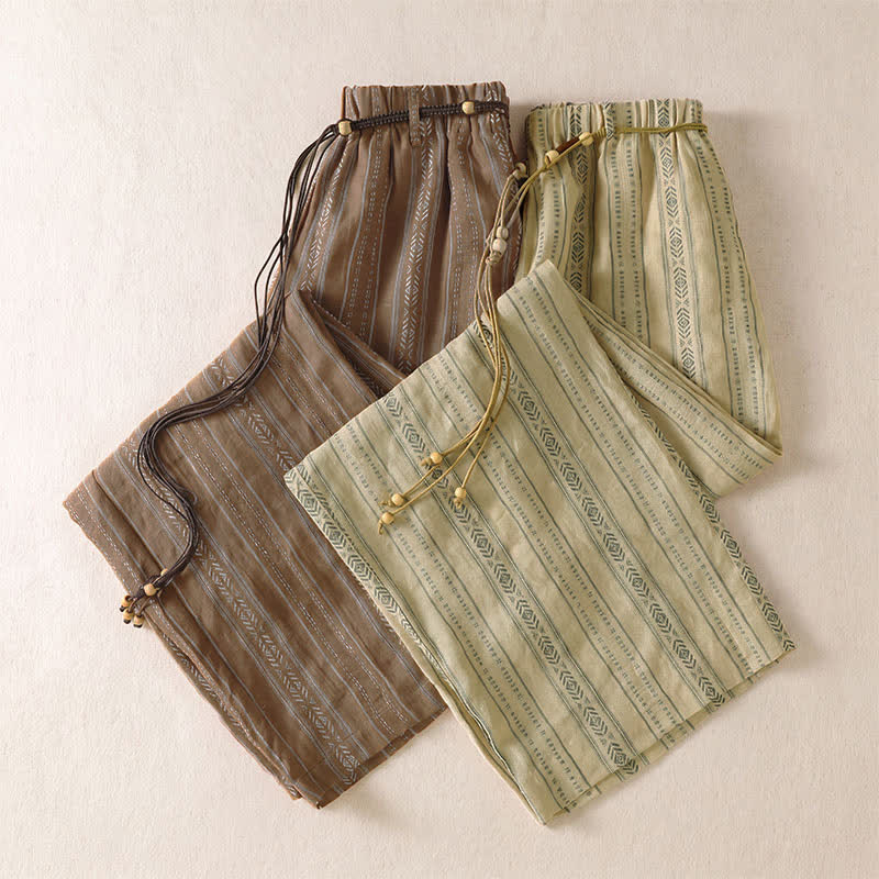 Buddha Stones Pantalones tobilleros de mujer estilo boho casual con cordón ajustable y rayas, ideales para primavera y verano. Pantalones rectos con bolsillo. - image 18