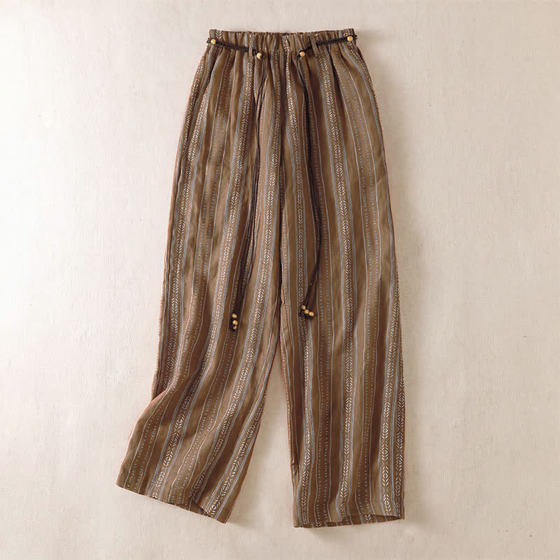 Buddha Stones Pantalones tobilleros de mujer estilo boho casual con cordón ajustable y rayas, ideales para primavera y verano. Pantalones rectos con bolsillo. - Tierra de siena - US8-10, UK/AU12-14, EU40-42 (2XL) - image 0
