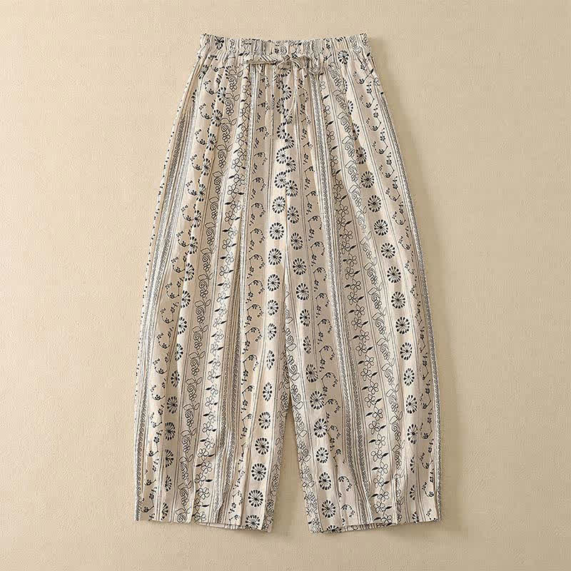 Buddha Stones Pantalones capri informales de primavera-verano estilo boho con cordón ajustable, rayas, ramas y estrellas, pantalones harem para mujer con bolsillo - Blanco - US8-10, UK/AU12-14, EU40-42 (2XL) - image 0