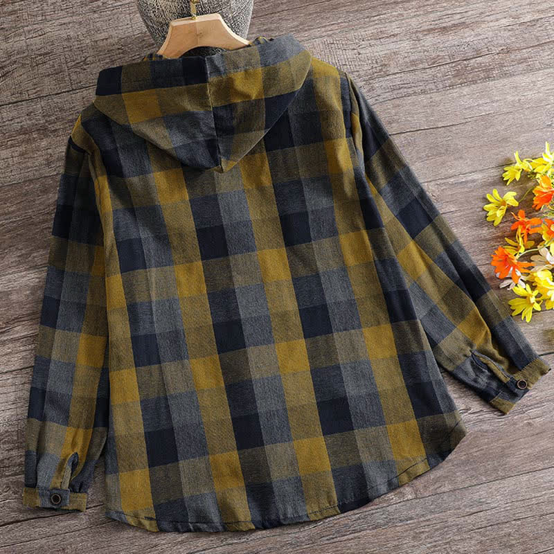 Buddha Stones Sudadera con capucha para mujer estilo vintage informal de otoño con botones, cordón ajustable y estampado a cuadros. - image 1