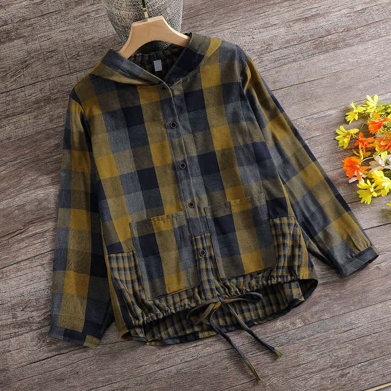 Buddha Stones Sudadera con capucha para mujer estilo vintage informal de otoño con botones, cordón ajustable y estampado a cuadros. - vara de oro - US8-10, UK/AU12-14, EU40-42 (2XL) - image 0