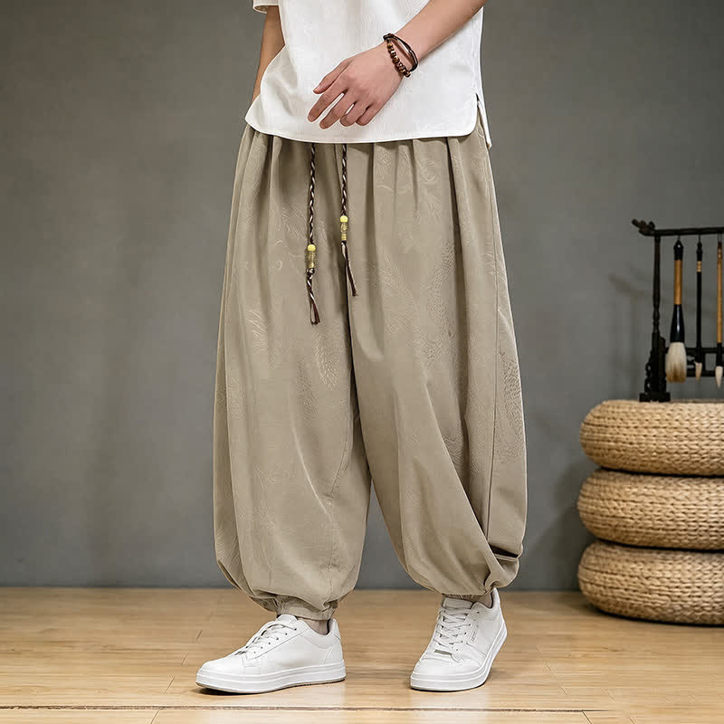 Buddha Stones Pantalones cortos casuales de primavera/verano estilo Tang con cordón ajustable y estampado de dragón, pantalones harem para hombre con bolsillo. - image 6