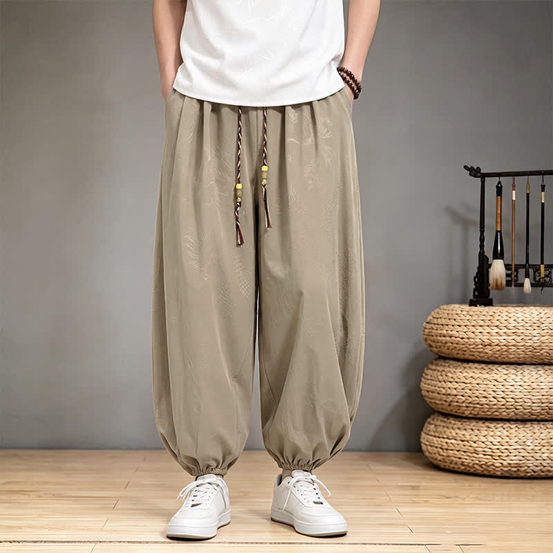 Buddha Stones Pantalones cortos casuales de primavera/verano estilo Tang con cordón ajustable y estampado de dragón, pantalones harem para hombre con bolsillo. - image 7