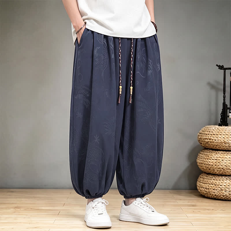 Buddha Stones Pantalones cortos casuales de primavera/verano estilo Tang con cordón ajustable y estampado de dragón, pantalones harem para hombre con bolsillo. - image 16