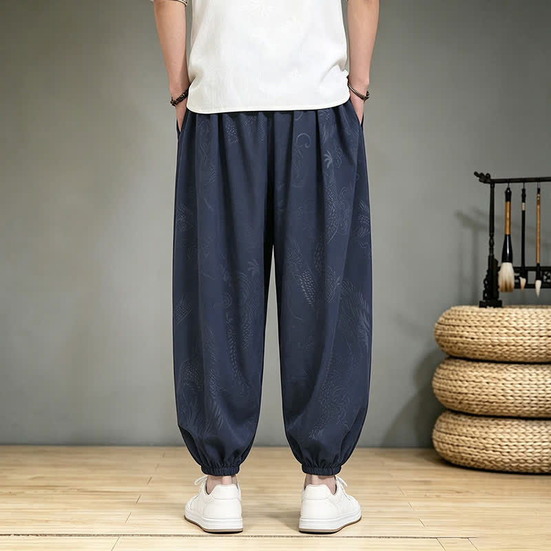 Buddha Stones Pantalones cortos casuales de primavera/verano estilo Tang con cordón ajustable y estampado de dragón, pantalones harem para hombre con bolsillo. - image 18