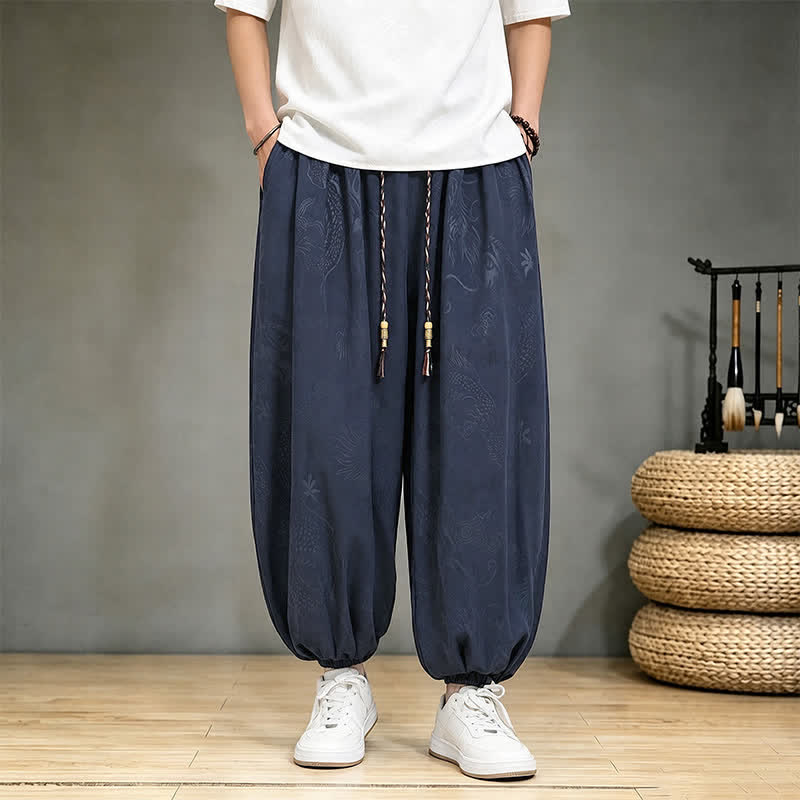 Buddha Stones Pantalones cortos casuales de primavera/verano estilo Tang con cordón ajustable y estampado de dragón, pantalones harem para hombre con bolsillo. - Marina de guerra - US/UK/AU46, EU56 (5XL) - image 15