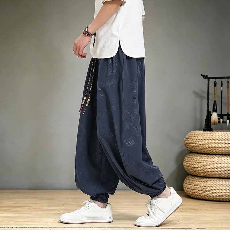 Buddha Stones Pantalones cortos casuales de primavera/verano estilo Tang con cordón ajustable y estampado de dragón, pantalones harem para hombre con bolsillo. - image 19