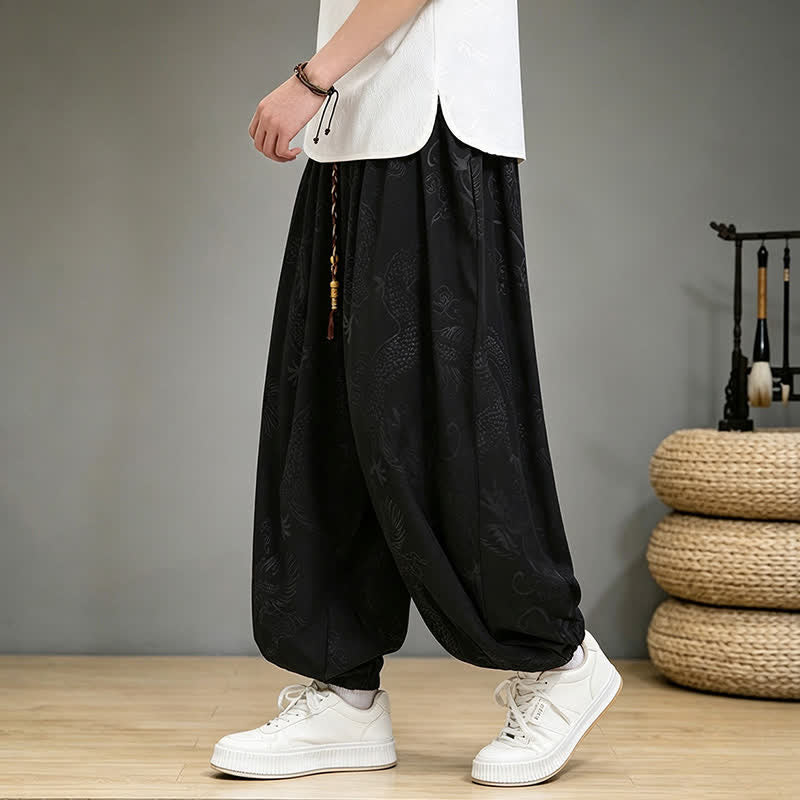 Buddha Stones Pantalones cortos casuales de primavera/verano estilo Tang con cordón ajustable y estampado de dragón, pantalones harem para hombre con bolsillo. - image 2