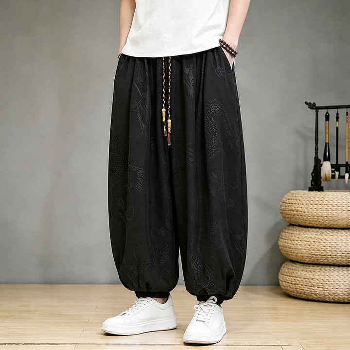 Buddha Stones Pantalones cortos casuales de primavera/verano estilo Tang con cordón ajustable y estampado de dragón, pantalones harem para hombre con bolsillo. - Negro - US/UK/AU46, EU56 (5XL) - image 0
