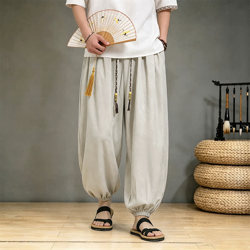 Buddha Stones Pantalones cortos casuales de primavera/verano estilo Tang con cordón ajustable y estampado de dragón, pantalones harem para hombre con bolsillo. - image 23