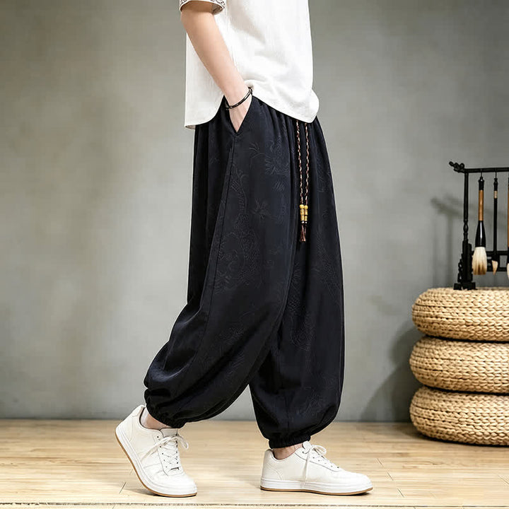 Buddha Stones Pantalones cortos casuales de primavera/verano estilo Tang con cordón ajustable y estampado de dragón, pantalones harem para hombre con bolsillo. - image 1