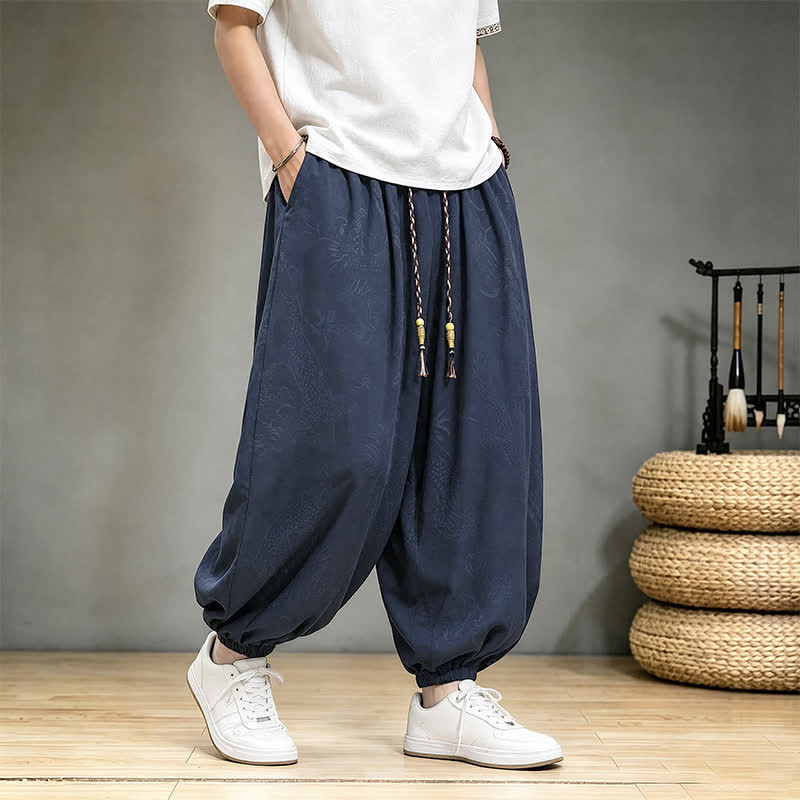Buddha Stones Pantalones cortos casuales de primavera/verano estilo Tang con cordón ajustable y estampado de dragón, pantalones harem para hombre con bolsillo. - image 17
