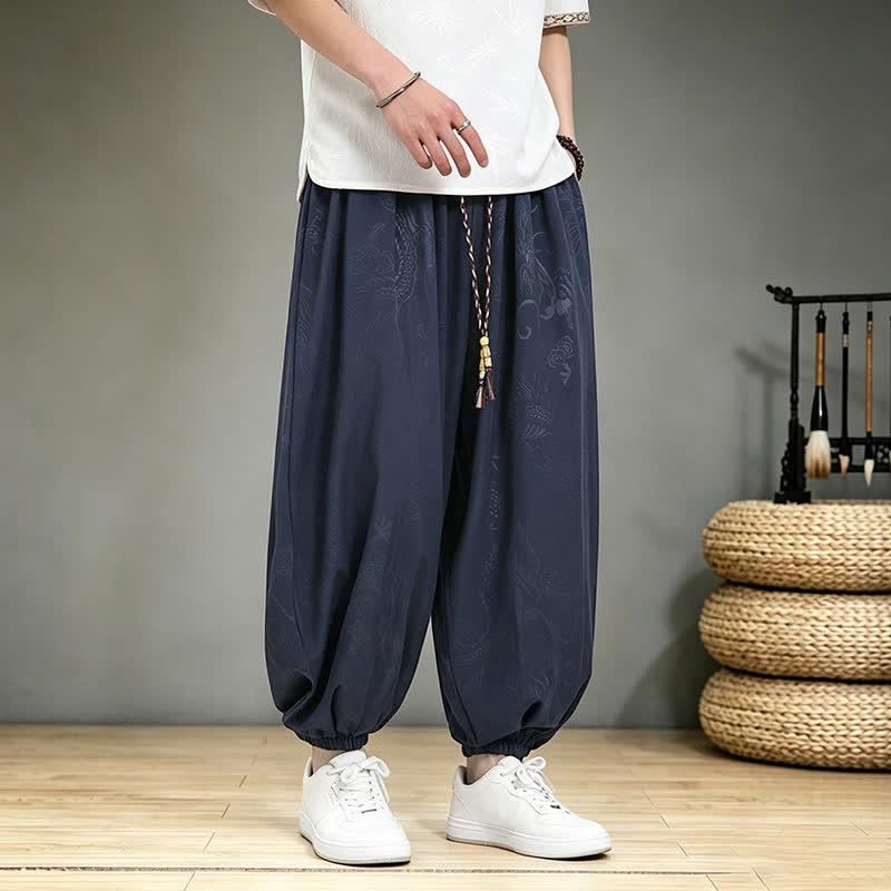 Buddha Stones Pantalones cortos casuales de primavera/verano estilo Tang con cordón ajustable y estampado de dragón, pantalones harem para hombre con bolsillo. - image 20