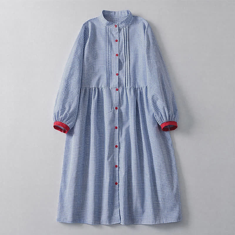 Buddha Stones Vestido de manga larga a cuadros clásico de otoño con botones y bolsillo para mujer. - Azul claro - US12, UK/AU16, EU44 (2XL) - image 0