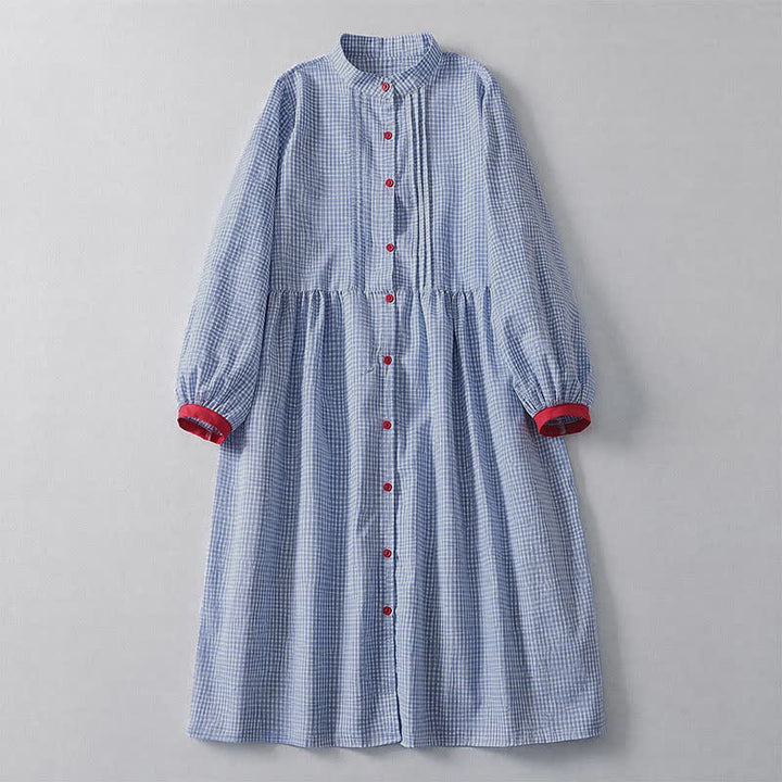 Buddha Stones Vestido de manga larga a cuadros clásico de otoño con botones y bolsillo para mujer. - Azul claro - US12, UK/AU16, EU44 (2XL) - image 0