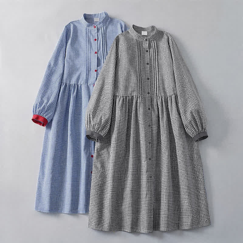 Buddha Stones Vestido de manga larga a cuadros clásico de otoño con botones y bolsillo para mujer. - image 15